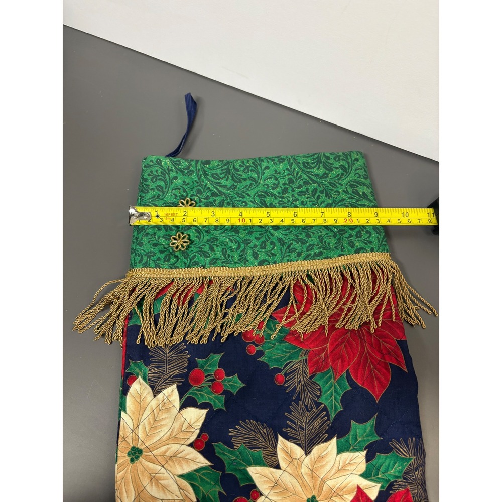 Vintage Quilted Christmas Stocking Poinsettia Floral Gold Fringe Green Cuff 26in - Picture 7 of 8